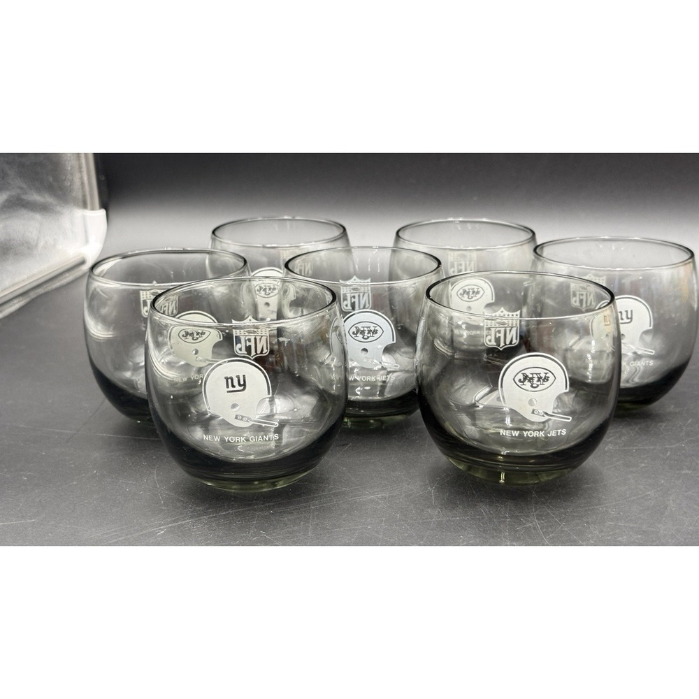 Vintage‎ 1970s Set of 7 Smoke Glass NY Jets Logo Whiskey Glasses